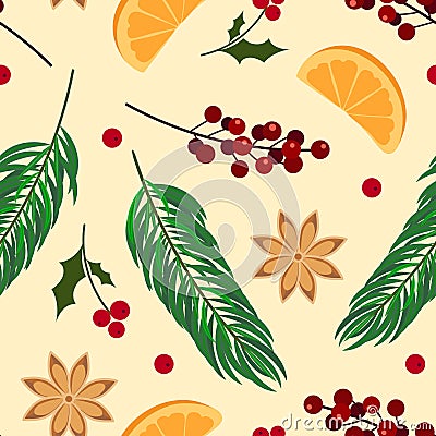 Christmas seamless pattern with spruse, citrus and star anise Vector Illustration